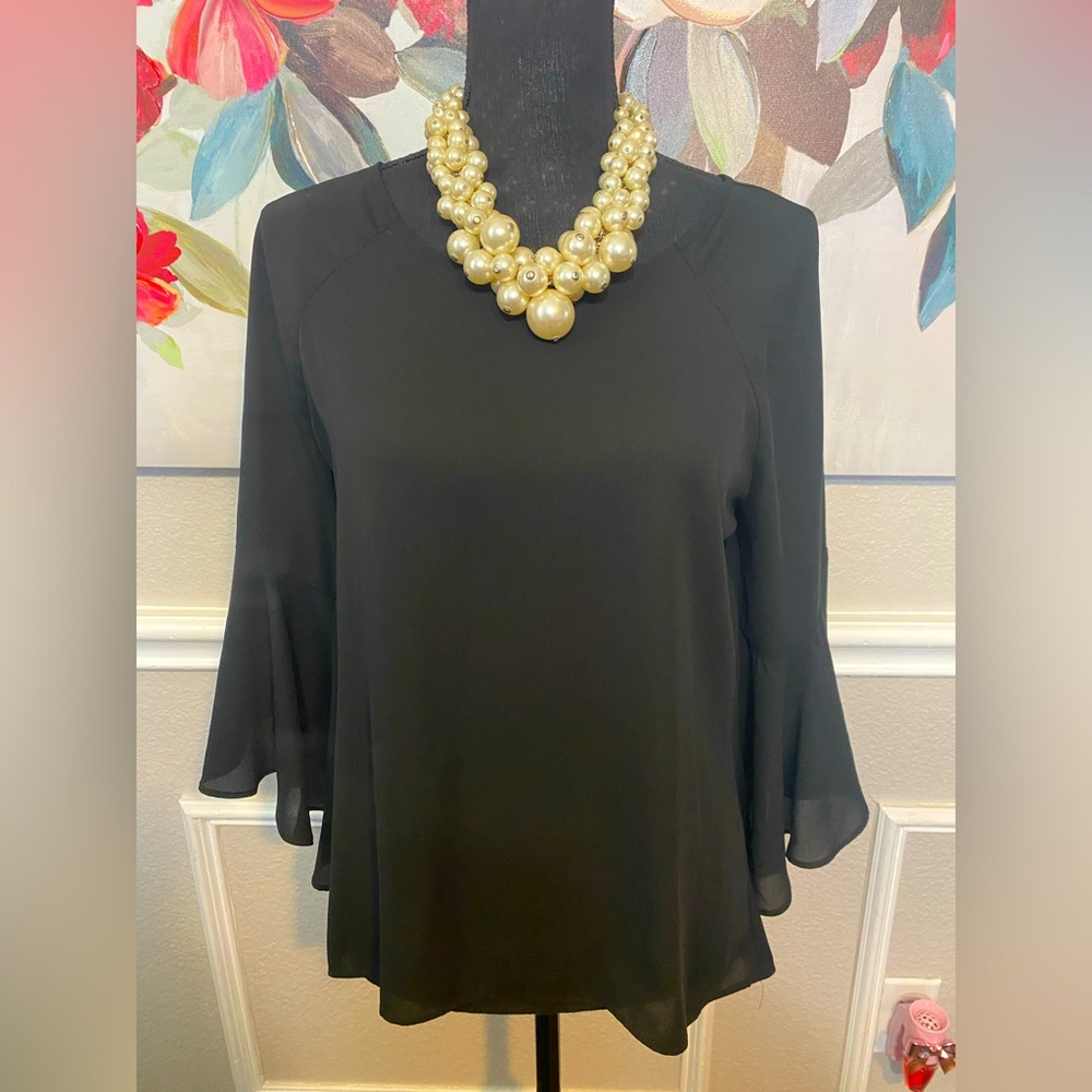 7th Avenue New York & Company Black Bell Sleeve Blouse || Size S